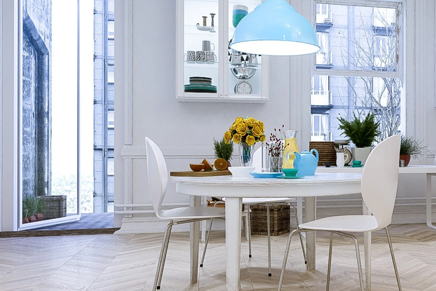 Skandynawska jadalnia z pastelowymi akcentami